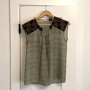 Lavand Anthropologie green pattern see thru blouse